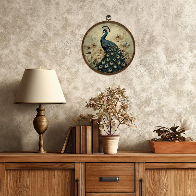 KLYTINK Vintage Peacock Round Wall Art,Canvas Prints with floral Design, Rustic Bird Hanging Wall Decor for Living Room, Bedroom, Farmhouse or Gallery Space,10"x10" (Peacock) - Image 4