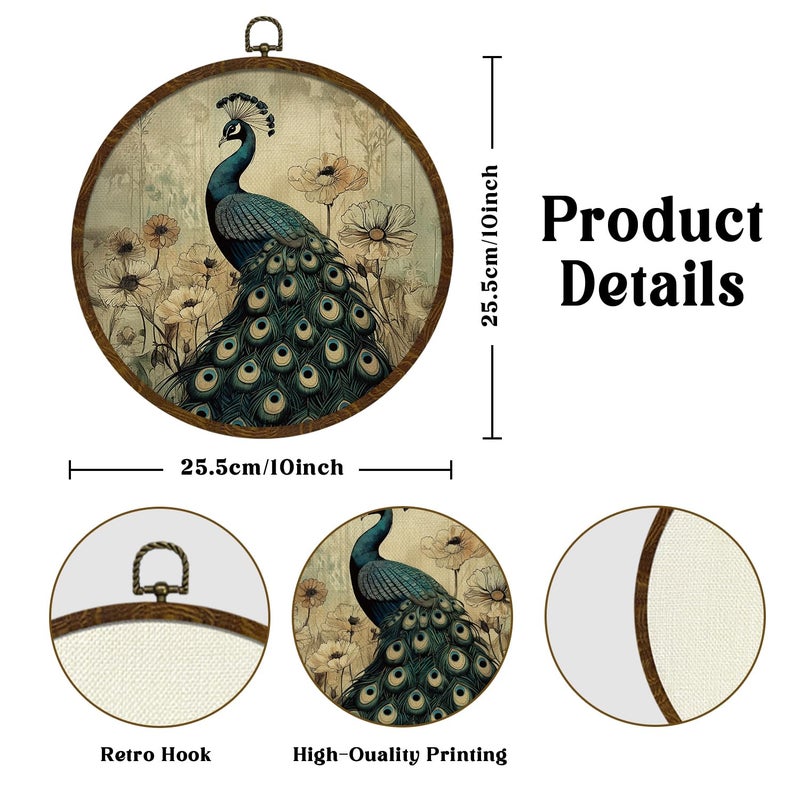 KLYTINK Vintage Peacock Round Wall Art,Canvas Prints with floral Design, Rustic Bird Hanging Wall Decor for Living Room, Bedroom, Farmhouse or Gallery Space,10"x10" (Peacock) - Image 2