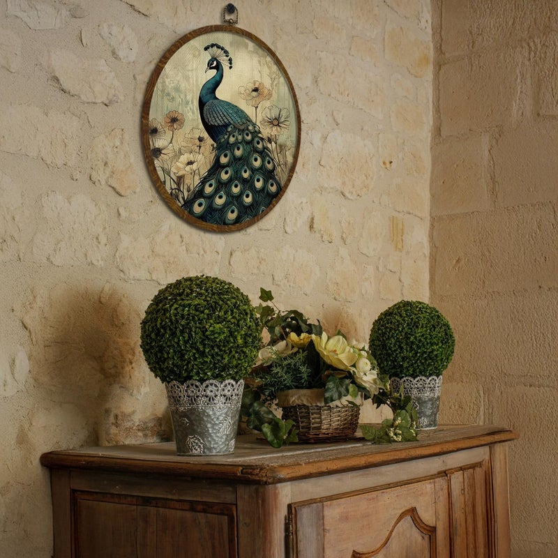 KLYTINK Vintage Peacock Round Wall Art,Canvas Prints with floral Design, Rustic Bird Hanging Wall Decor for Living Room, Bedroom, Farmhouse or Gallery Space,10"x10" (Peacock) - Image 3