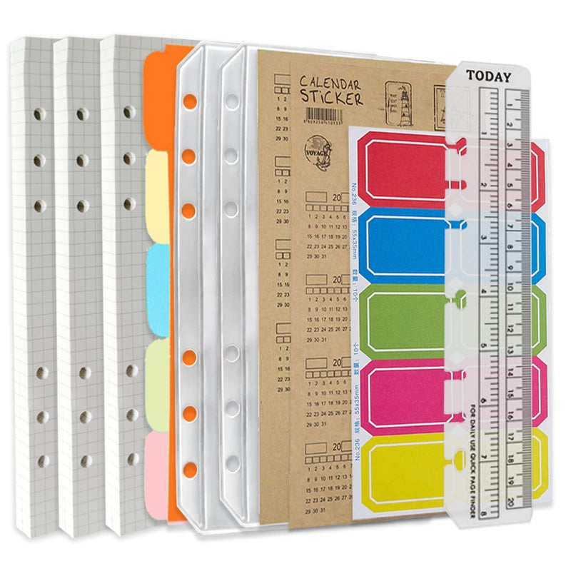 DY.2ten A5 6-Hole Binder Notebook Refills Set - 135 Sheets (270 Pages) Graph Paper + 2pcs A5 Zipper Binder Pockets + 5 Pcs A5 Dividers + Index Note Tabs + index with date + Ruler - Image 1