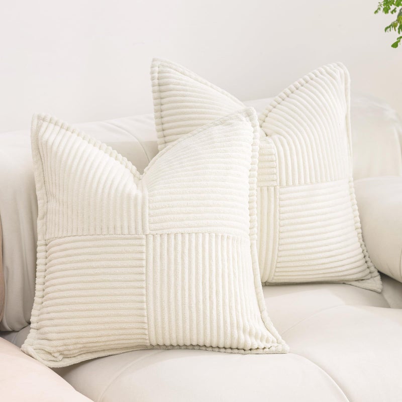 Puncuntex Corduroy Cream White Throw Pillow Covers 1818 Inches Set of 2 Boho DecorativeSuper Soft Cozy Striped Cushion Covers for CouchSofaFarmhouseLiving Room4545CM