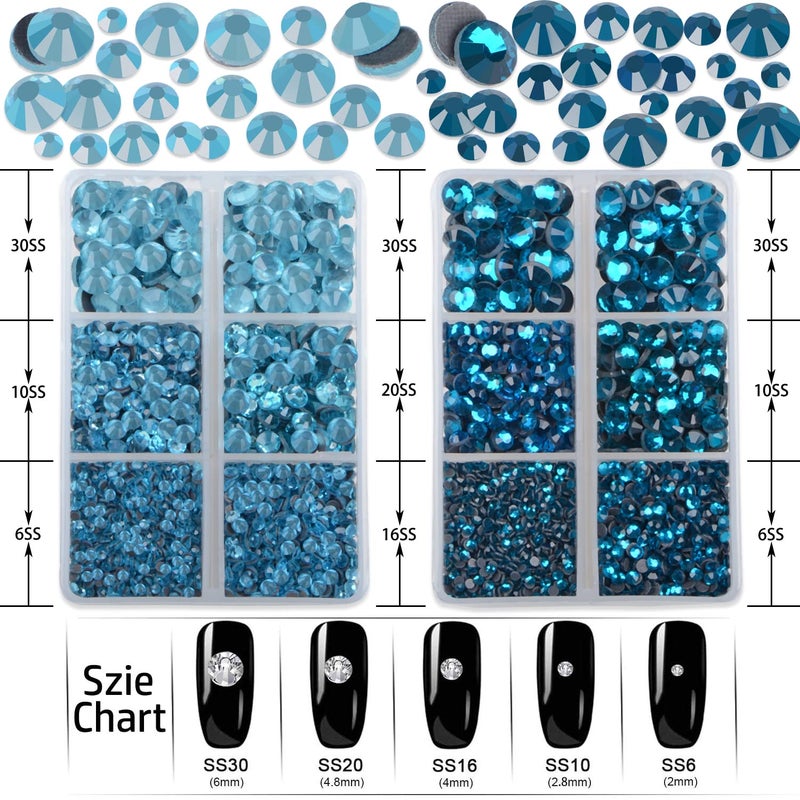 LPBeads 6400 Pieces Aquamarine and Blue Zircon Hotfix Rhinestones Flat Back 5 Mixed Sizes Crystal Round Glass Gems with Tweezers and Picking Rhinestones Pen - Image 2