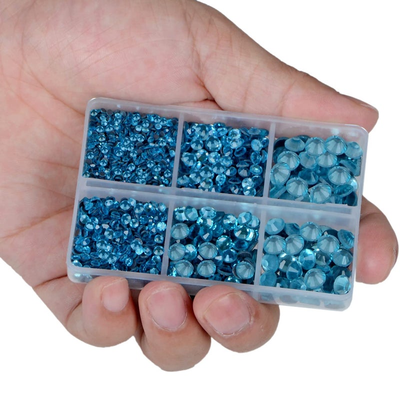 LPBeads 6400 Pieces Aquamarine and Blue Zircon Hotfix Rhinestones Flat Back 5 Mixed Sizes Crystal Round Glass Gems with Tweezers and Picking Rhinestones Pen - Image 3