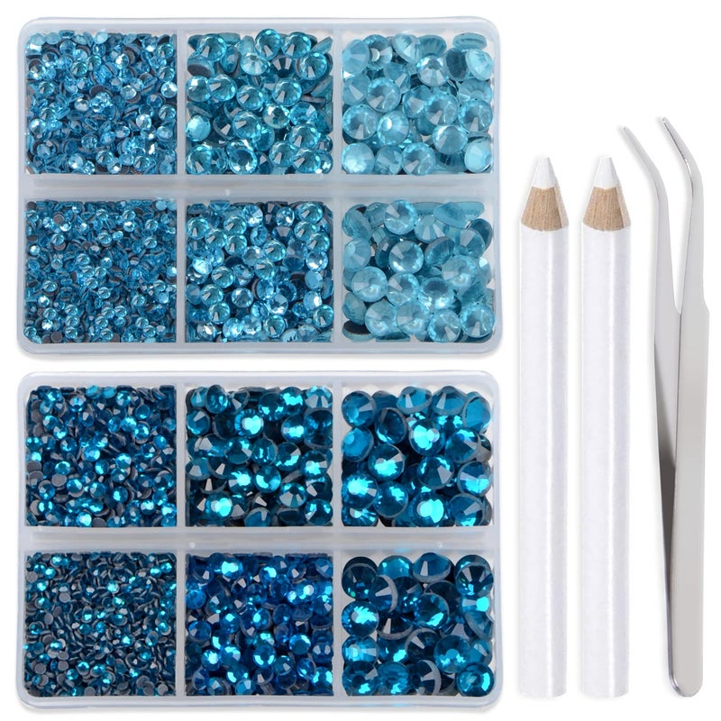 LPBeads 6400 Pieces Aquamarine and Blue Zircon Hotfix Rhinestones Flat Back 5 Mixed Sizes Crystal Round Glass Gems with Tweezers and Picking Rhinestones Pen - Image 1