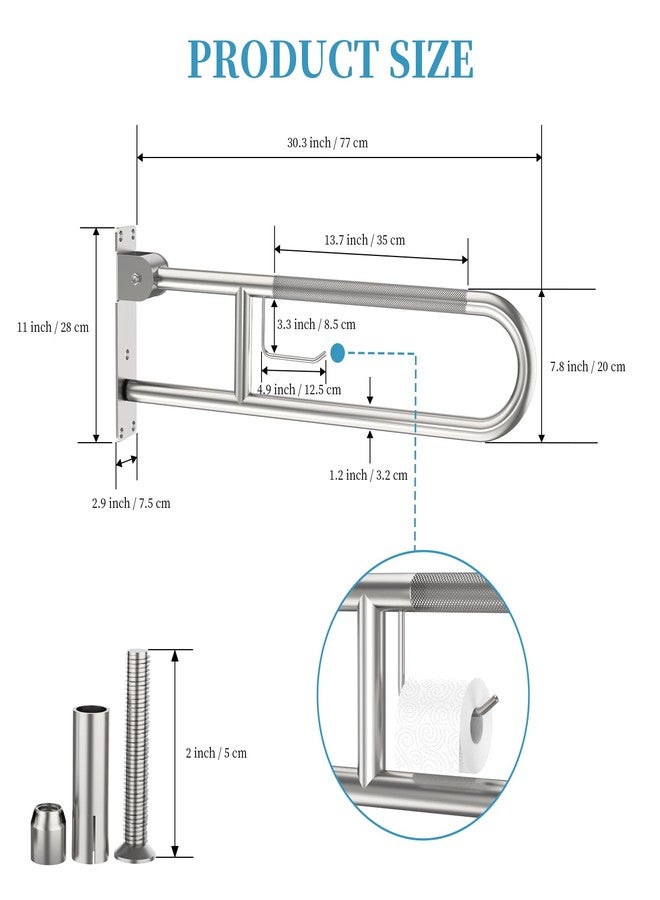 Munzong Toilet Grab Bar 30.3 Inch, Munzong Anti-Slip Handicap Grab Bars with Paper Holder, Flip-Up Bathroom Toilet Safety Rails, Stainless Steel Knurled Support handrails for Seniors Elderly Disabled Pregnant - Image 2