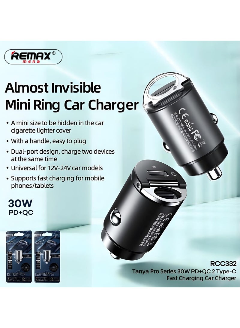 Remax Mena Car Charger Fast Charging 30W PD+QC Multi-Compatible USB to Type C, Car Charger Super Mini Handle Ring, for iPhone 12 13 Pro Xiaomi Huawei Samsung, Black - Image 2