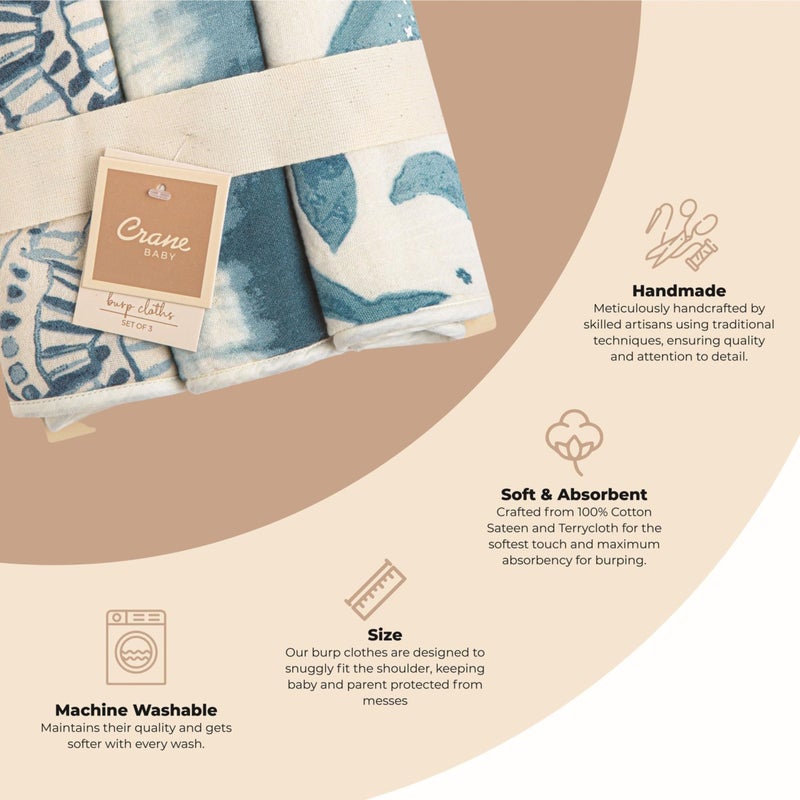 Crane Baby Muslin Burp Cloths, Nautical Theme Whale Design, Baby Boy Essentials, Cotton, Set of 3, 7" x 20" Blue Burp Cloth Set - Image 2