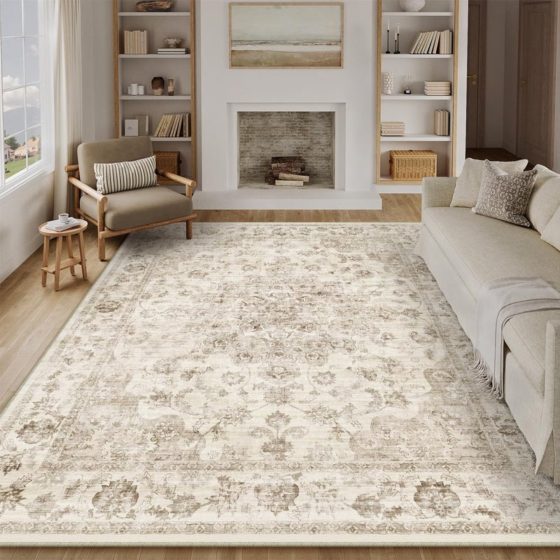 WondRg 8x10 Washable Neutral Area Rug Beige Vintage Living Room Bedroom Carpet Non-Slip Soft Low Pile Floral Indoor Large Throw Rug for Dining Room Office - Image 5