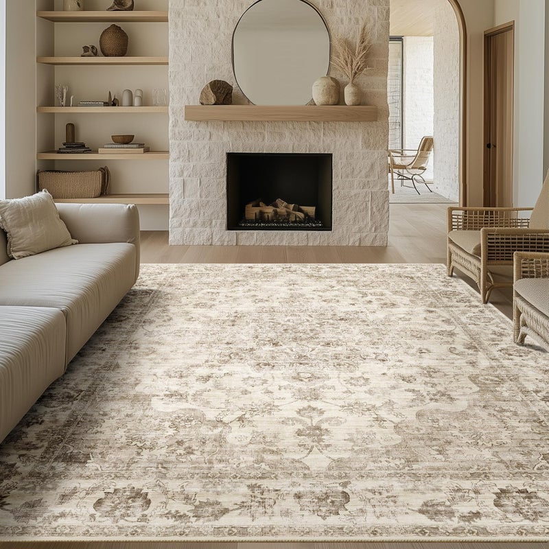 WondRg 8x10 Washable Neutral Area Rug Beige Vintage Living Room Bedroom Carpet Non-Slip Soft Low Pile Floral Indoor Large Throw Rug for Dining Room Office - Image 1