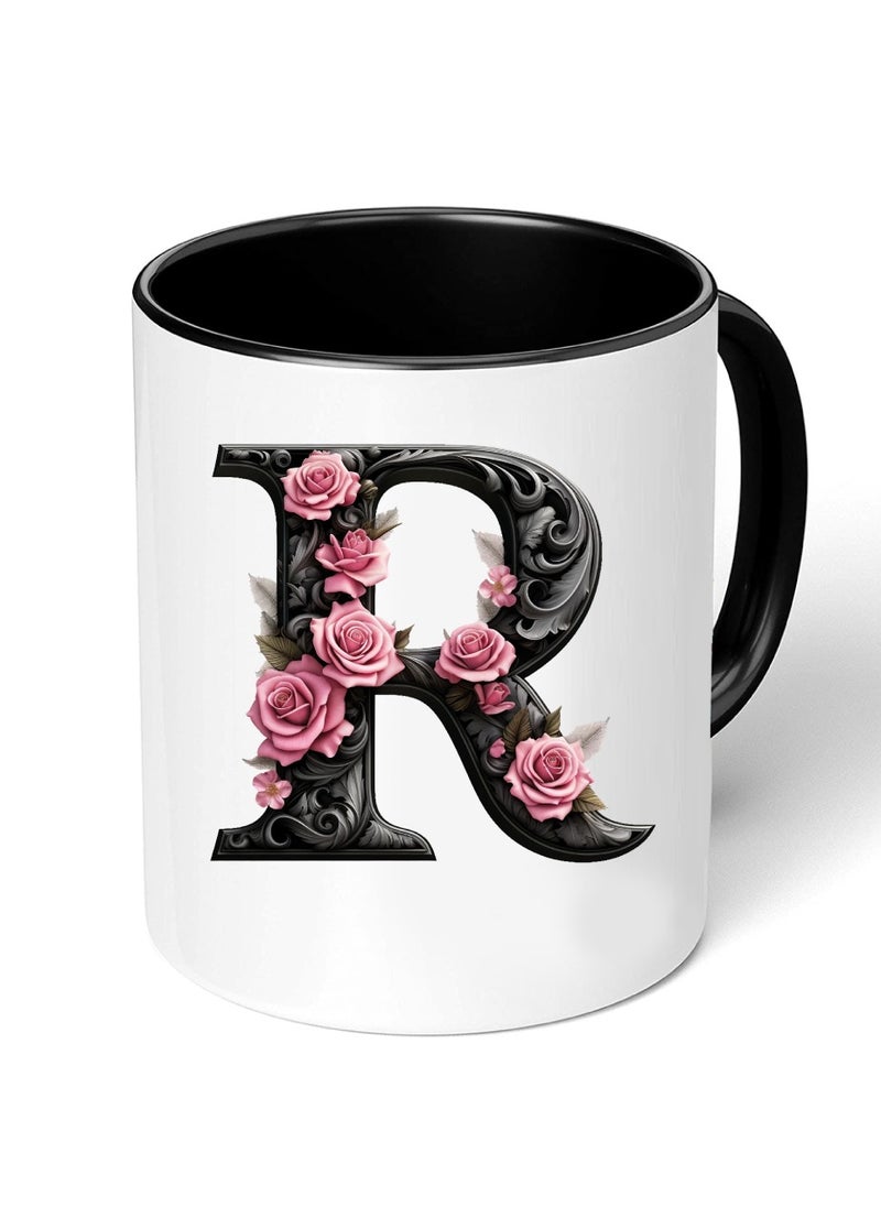 PRINTSHOP4ME - Monogrammed Initial Ceramic Coffee Mug - Stylized Designer Printed Black Two-Tone - Ceramic Coffee or Tea Mug 11 Oz - Glossy Black Mug - Personalized Gift For Family Members And Friends - Image 1