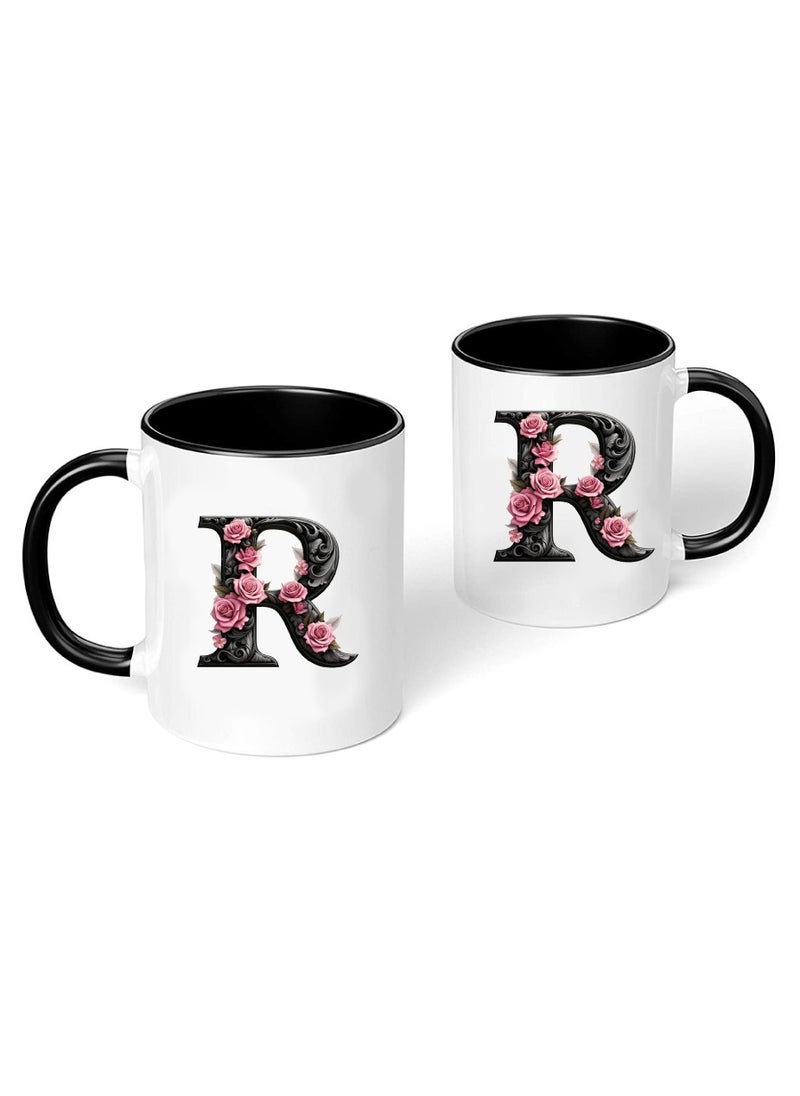 PRINTSHOP4ME - Monogrammed Initial Ceramic Coffee Mug - Stylized Designer Printed Black Two-Tone - Ceramic Coffee or Tea Mug 11 Oz - Glossy Black Mug - Personalized Gift For Family Members And Friends - Image 1