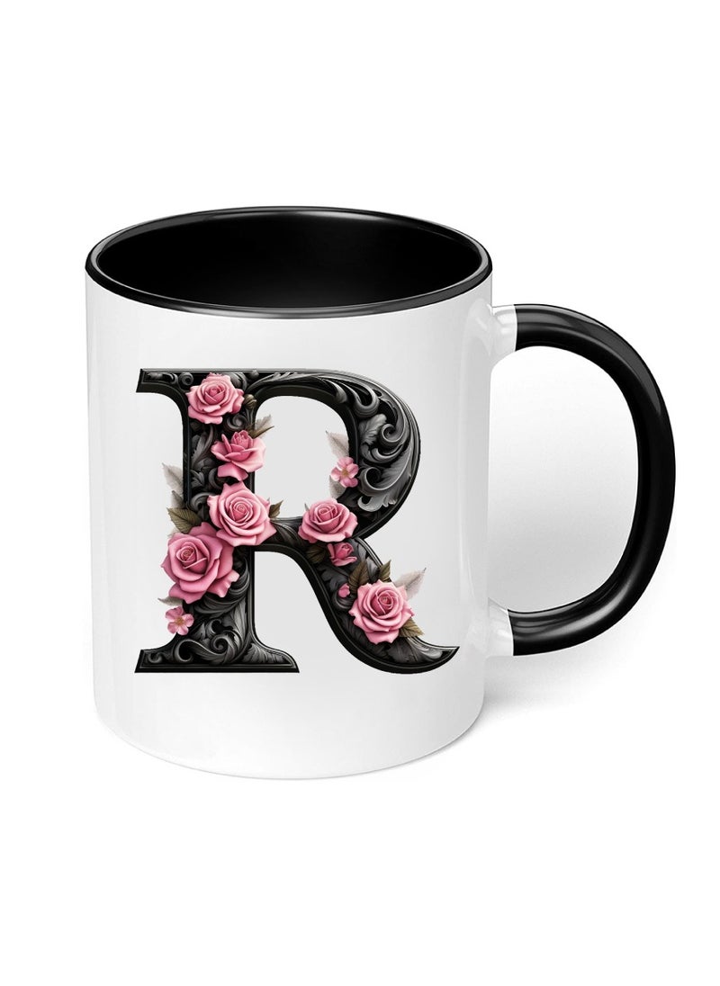 PRINTSHOP4ME - Monogrammed Initial Ceramic Coffee Mug - Stylized Designer Printed Black Two-Tone - Ceramic Coffee or Tea Mug 11 Oz - Glossy Black Mug - Personalized Gift For Family Members And Friends - Image 1