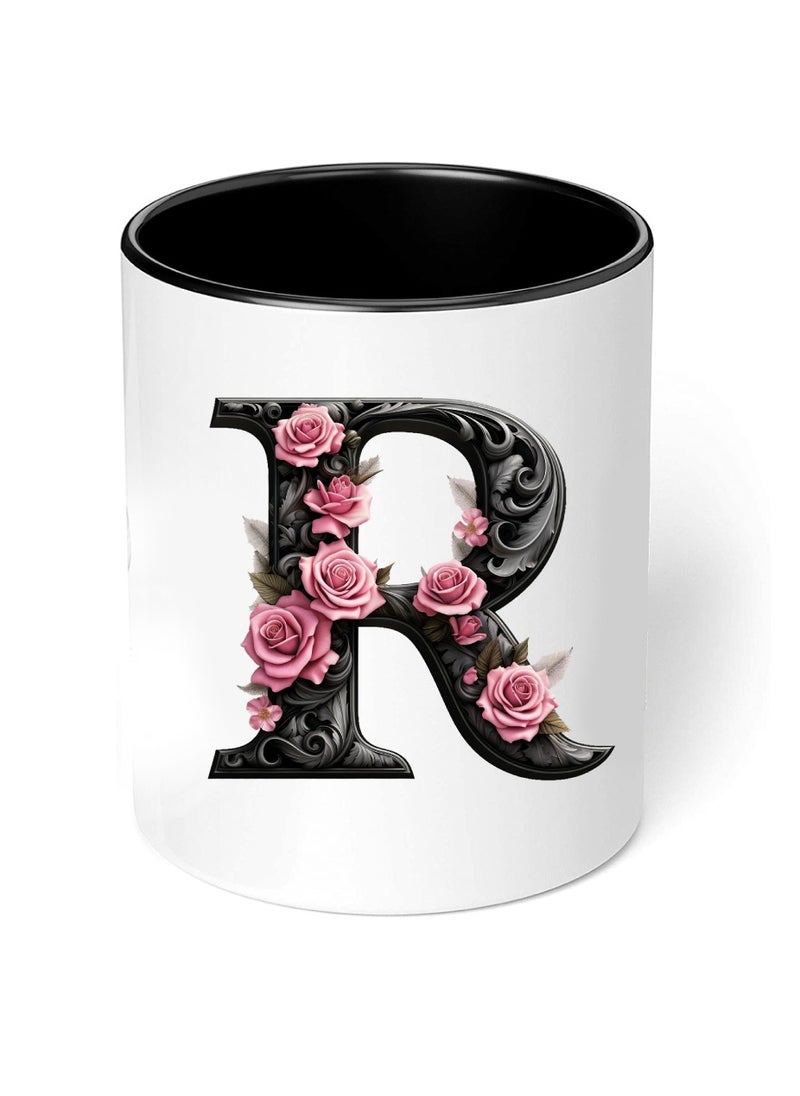 PRINTSHOP4ME - Monogrammed Initial Ceramic Coffee Mug - Stylized Designer Printed Black Two-Tone - Ceramic Coffee or Tea Mug 11 Oz - Glossy Black Mug - Personalized Gift For Family Members And Friends - Image 1