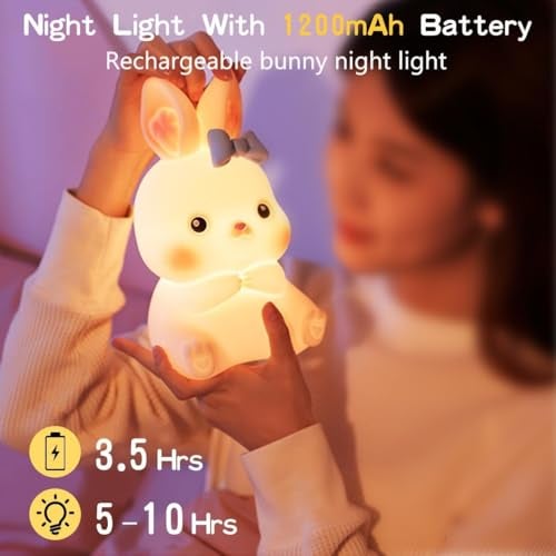 Dwiza Enterprise Cute Silicone Rabbit Night Light for Kids, USB Rechargeable 3 Step Dimmable Night Light, Touch Sensor Squishy Mini Nursery Lamp for Baby Bedroom Decor - Image 5