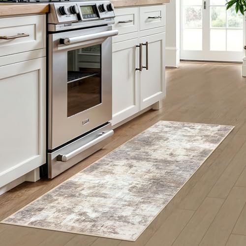 IOHOUZE Abstract Runner Rug 2x6 Ft Washable Runners for Hallways, Non Slip Kitchen Runner Printed Faux Wool Entryway Runner Indoor, Modern Abstract Floor Carpet for Hall Kitchen Bedroom, Beige Brown - Image 2