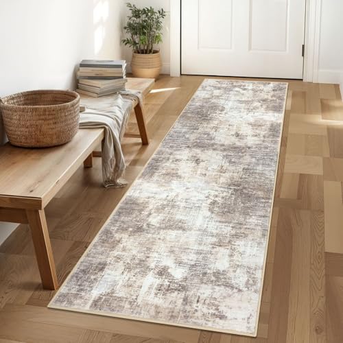 IOHOUZE Abstract Runner Rug 2x6 Ft Washable Runners for Hallways, Non Slip Kitchen Runner Printed Faux Wool Entryway Runner Indoor, Modern Abstract Floor Carpet for Hall Kitchen Bedroom, Beige Brown - Image 1