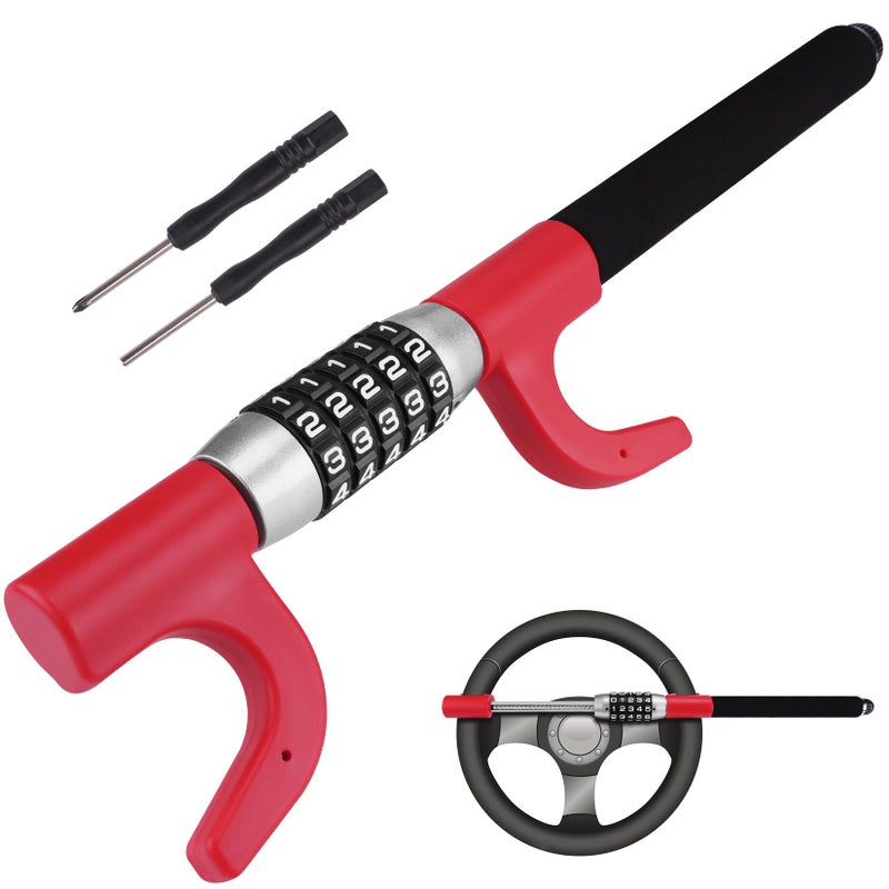 Tevlaphee Steering Wheel Lock, Car Lock Anti Theft Keyless Extendable Retractable Password 5 Coded Combination Lock, Heavy Duty Universal Fit (Red) - Image 1