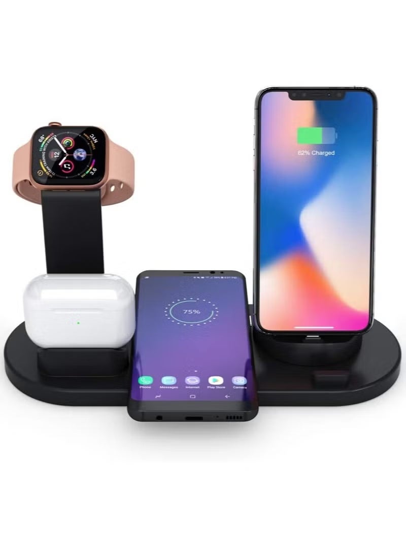 شاحن لاسلكي 6 في 1، محطة شحن لاسلكية سريعة مع قاعدة شحن قابلة للدوران 360 درجة لساعة Apple Watch/AirPods/Pencil، وهواتف iPhone Series/Micro/Type C وGalaxy Series (أسود) - Image 1