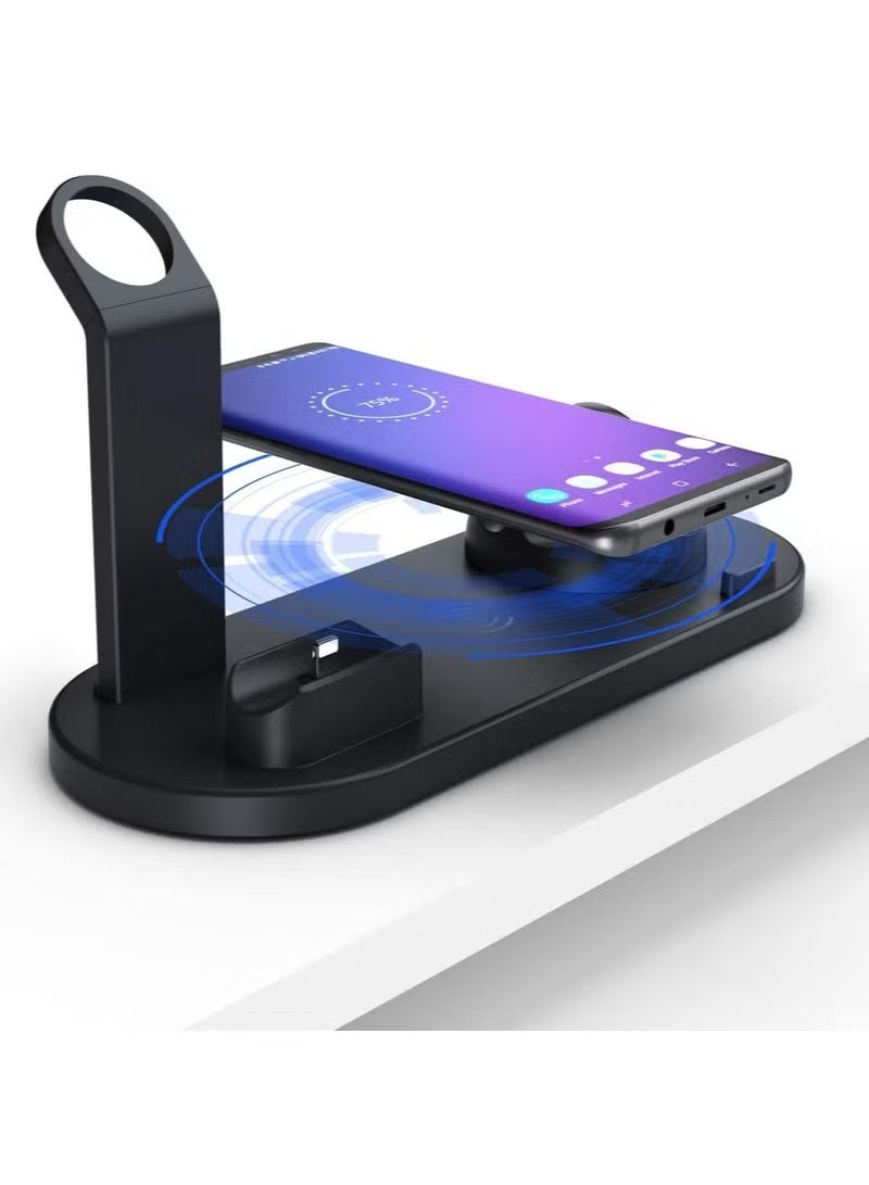 شاحن لاسلكي 6 في 1، محطة شحن لاسلكية سريعة مع قاعدة شحن قابلة للدوران 360 درجة لساعة Apple Watch/AirPods/Pencil، وهواتف iPhone Series/Micro/Type C وGalaxy Series (أسود) - Image 2