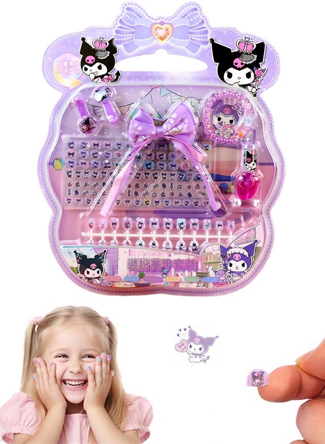 Sanrio 140 Pcs Cute Kuromi Style Kids Press on Nails Set Fake Nails with Glitter Bow Charms Girls False Nail Kit for Dress Up Party Birthday Eid Gift Daily Play Stage Performance Costume Masquerade Party DIY Makeup Toy - Image 1