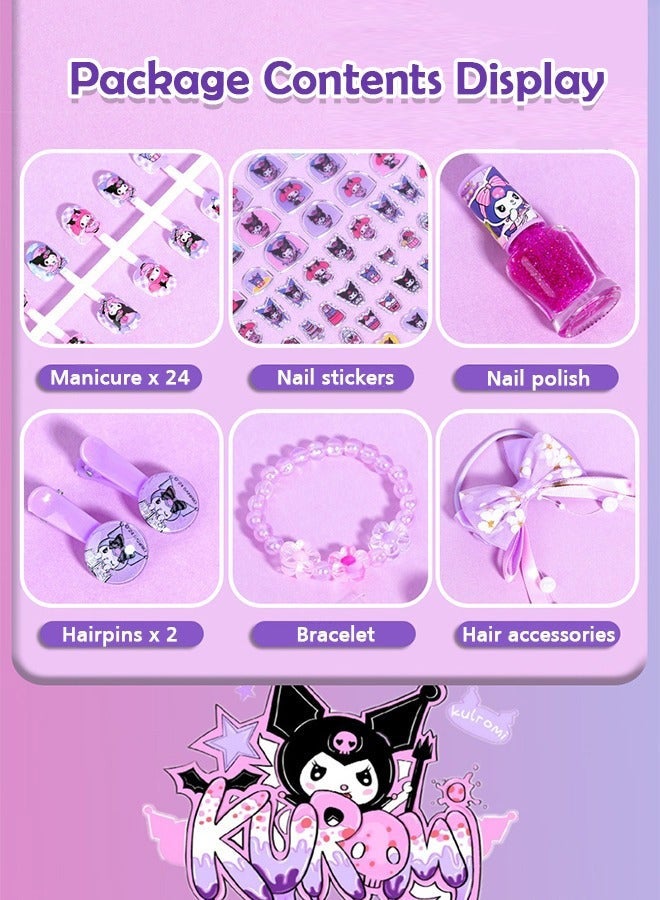 Sanrio 140 Pcs Cute Kuromi Style Kids Press on Nails Set Fake Nails with Glitter Bow Charms Girls False Nail Kit for Dress Up Party Birthday Eid Gift Daily Play Stage Performance Costume Masquerade Party DIY Makeup Toy - Image 3