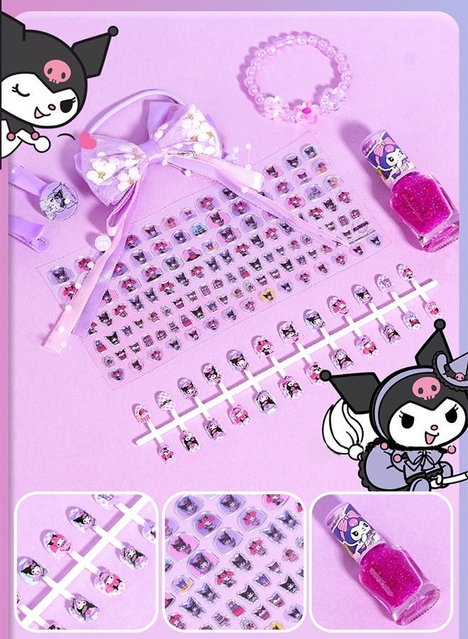 Sanrio 140 Pcs Cute Kuromi Style Kids Press on Nails Set Fake Nails with Glitter Bow Charms Girls False Nail Kit for Dress Up Party Birthday Eid Gift Daily Play Stage Performance Costume Masquerade Party DIY Makeup Toy - Image 2