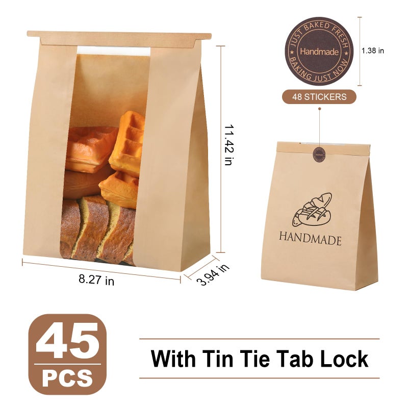 betkou 45 Pack Paper Bread Bags for Homemade Baking - Tin Tie Tab Lock Sourdough Bag, Large Loaf Packaging With Clear Window for Storage - 48 Label Seal Stickers for Bakery Use - Image 2