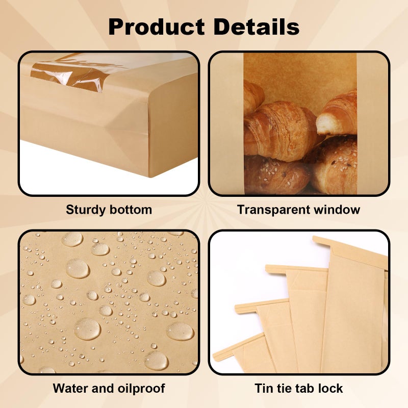 betkou 45 Pack Paper Bread Bags for Homemade Baking - Tin Tie Tab Lock Sourdough Bag, Large Loaf Packaging With Clear Window for Storage - 48 Label Seal Stickers for Bakery Use - Image 4