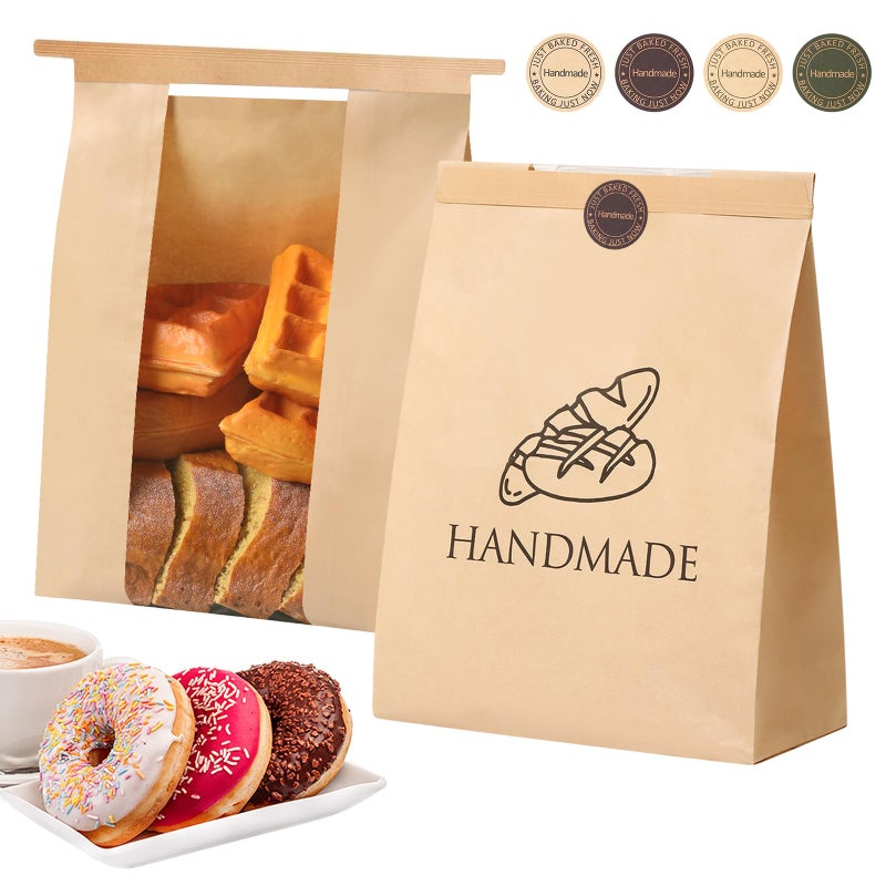 betkou 45 Pack Paper Bread Bags for Homemade Baking - Tin Tie Tab Lock Sourdough Bag, Large Loaf Packaging With Clear Window for Storage - 48 Label Seal Stickers for Bakery Use - Image 1