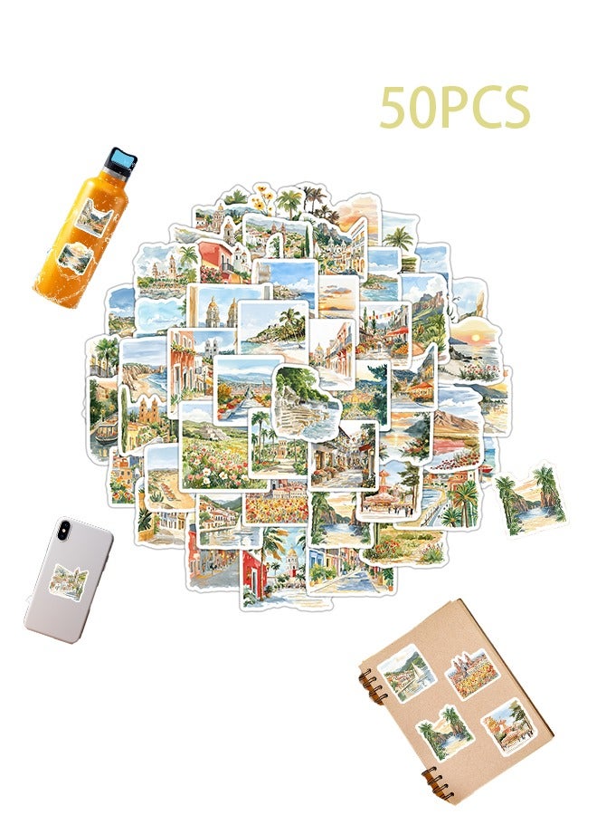 Beauenty Charming Mexican Travel Stickers (50 pieces) - Watercolor, Waterproof, Rustic Theme | Lively Carnival Appliqués for Periodicals, Scrapbooks, Water Bottles, Souvenirs - Image 1