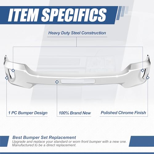Auto Dynasty Front Bumper Face Bar Compatible with 2016 2017 2018 Chevy Silverado 1500, 2019 Silverado 1500 LD, w/Fog Light Cutouts, Polished Chrome Steel, GM1002861 - Image 2