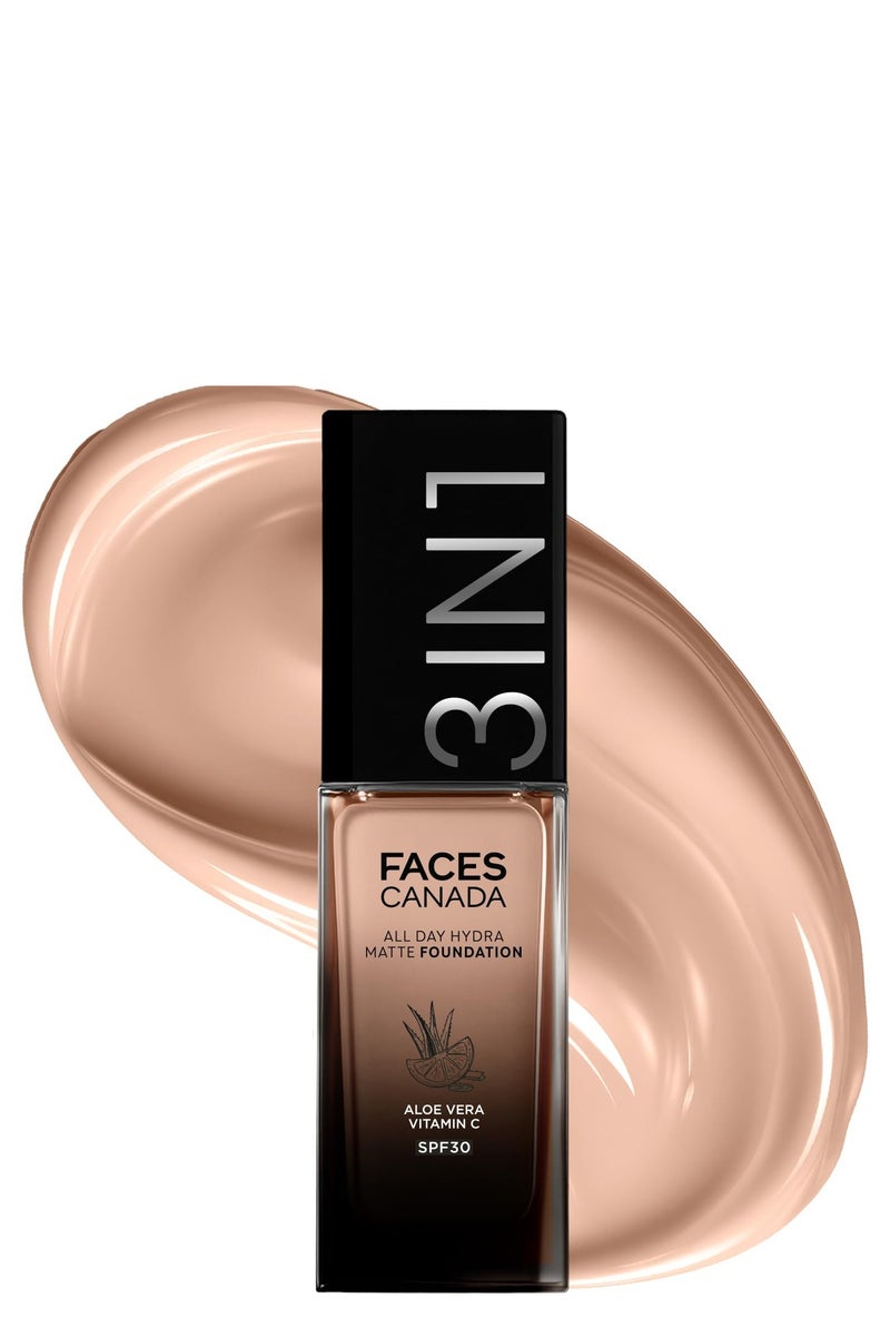 Faces Canada FACESCANADA All Day Hydra Matte Foundation 3 In 1 Foundation  Moisturizer Cream  Spf 30  24 Hr Aloe Hydration and Vitamin C 10Hr Long Wear Medium To High Buildable Coverage Warm Natural 25Ml - Image 1