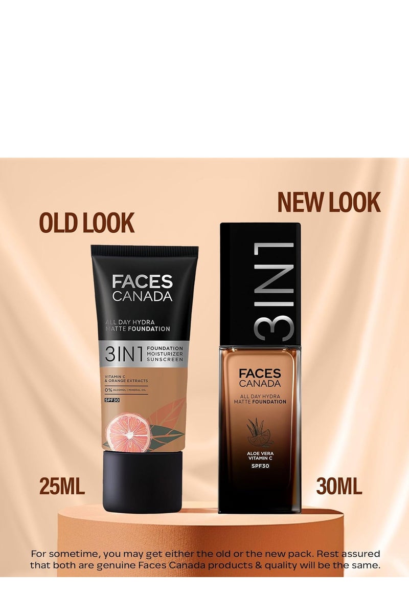 Faces Canada FACESCANADA All Day Hydra Matte Foundation 3 In 1 Foundation  Moisturizer Cream  Spf 30  24 Hr Aloe Hydration and Vitamin C 10Hr Long Wear Medium To High Buildable Coverage Warm Natural 25Ml - Image 2