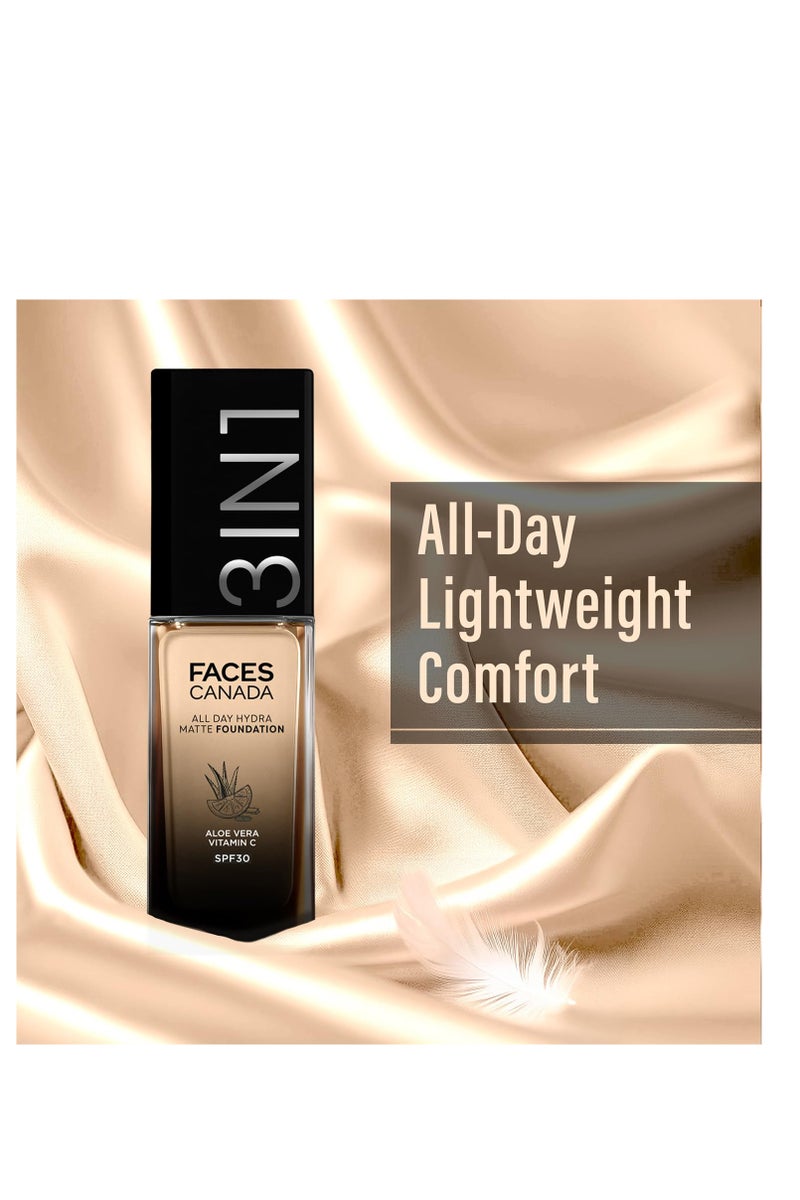 Faces Canada FACESCANADA All Day Hydra Matte Foundation 3 In 1 Foundation  Moisturizer Cream  Spf 30  24 Hr Aloe Hydration and Vitamin C 10Hr Long Wear Medium To High Buildable Coverage Warm Natural 25Ml - Image 3