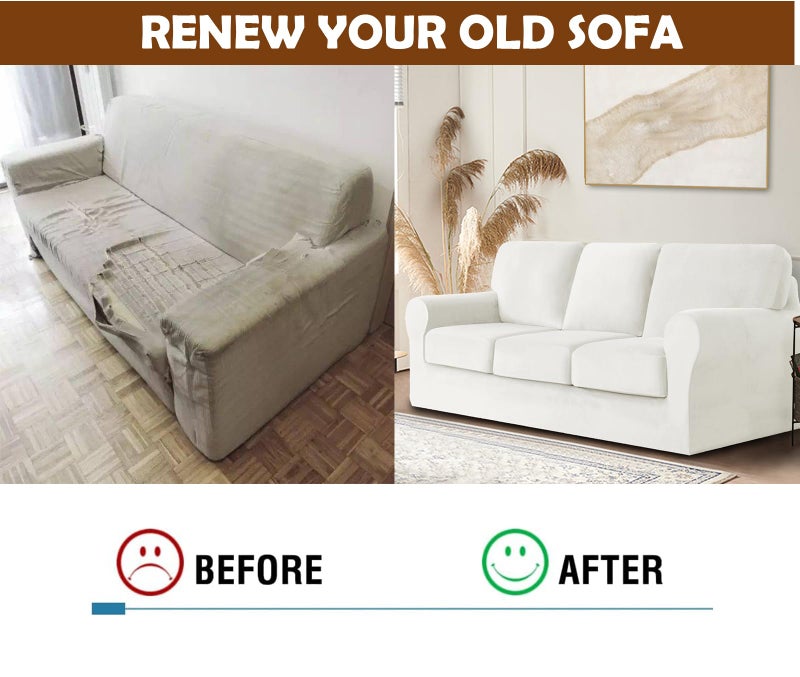 XSlive 7 Pieces Velvet High Stretch Sofa Covers for 3 Cushion Couch Sofa Slipcovers, Washable Furniture Protector with Drawstring Anti Slip Bottom, Soft and Plush Fabric for Kids and Pet (White) - Image 4