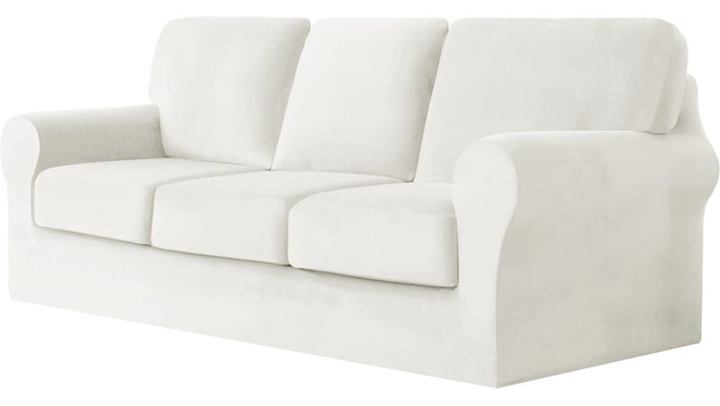 XSlive 7 Pieces Velvet High Stretch Sofa Covers for 3 Cushion Couch Sofa Slipcovers, Washable Furniture Protector with Drawstring Anti Slip Bottom, Soft and Plush Fabric for Kids and Pet (White) - Image 2