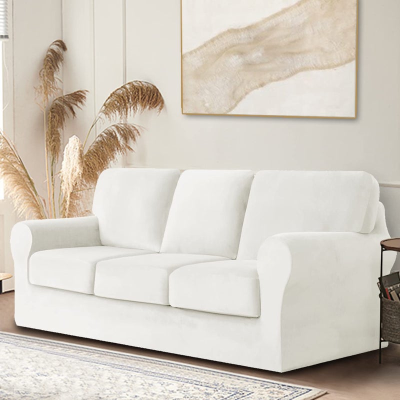 XSlive 7 Pieces Velvet High Stretch Sofa Covers for 3 Cushion Couch Sofa Slipcovers, Washable Furniture Protector with Drawstring Anti Slip Bottom, Soft and Plush Fabric for Kids and Pet (White) - Image 1