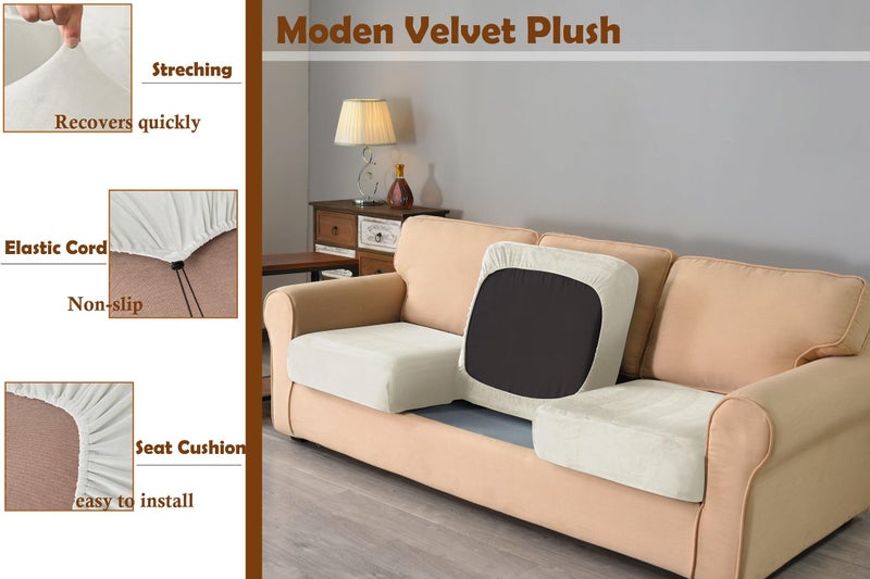 XSlive 7 Pieces Velvet High Stretch Sofa Covers for 3 Cushion Couch Sofa Slipcovers, Washable Furniture Protector with Drawstring Anti Slip Bottom, Soft and Plush Fabric for Kids and Pet (White) - Image 3