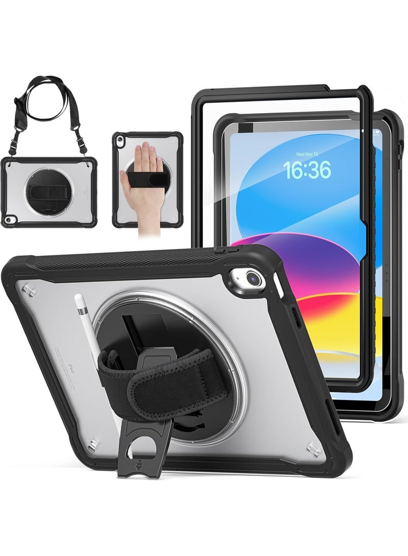 case for iPad (A16) 11th/10th Generation 11/10.9 inch 2025/2022,Rugged Shockproof Protective Cover with 360° Rotating Hand Strap/Stand,Screen Protector,Pencil Holder, pen, Black - Image 1