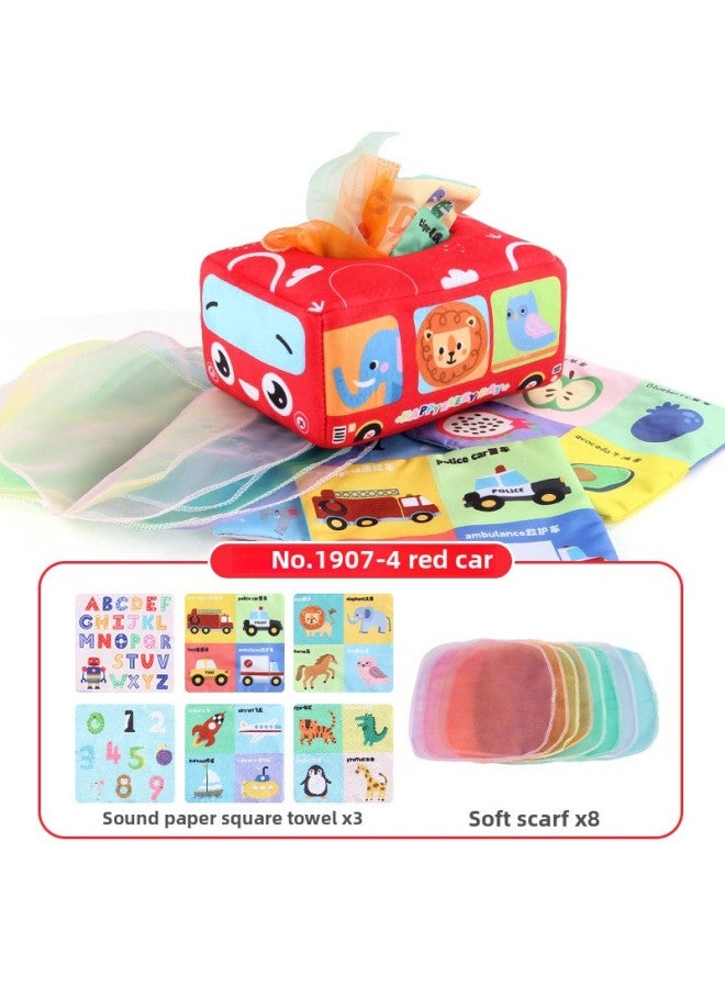 Hot Sale Baby Tissue Box With Pompom Puzzle Baby Cloth Book With Ringing Paper Hand Tear Baby Toys-Color:NO.1907-4 Red Car Towel Box (3 Ringing Paper Square Scarves +8 Silk Scarves) 79.2G  - Image 1