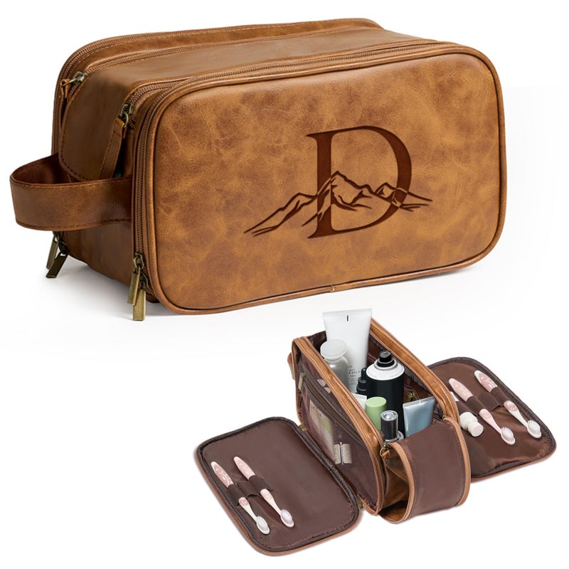 Janhavi Birthday Gifts for Men Beach Vacation Essentials Waterproof Toiletry Bag with Hook Personalized PU Leather Laser Engraved Initials Mountain Birthday Gifts For Him Brown D - Image 2