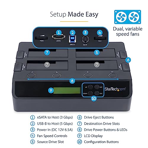 StarTech.com 4-Bay Hard Drive Duplicator and Eraser, External Standalone 1:3 HDD/SSD Cloner/Copier, USB 3.0 / eSATA to SATA Docking Station, Hard Disk Copier / Sanitizer / Wiper Tool (SATDOCK4U3RE) - Image 4