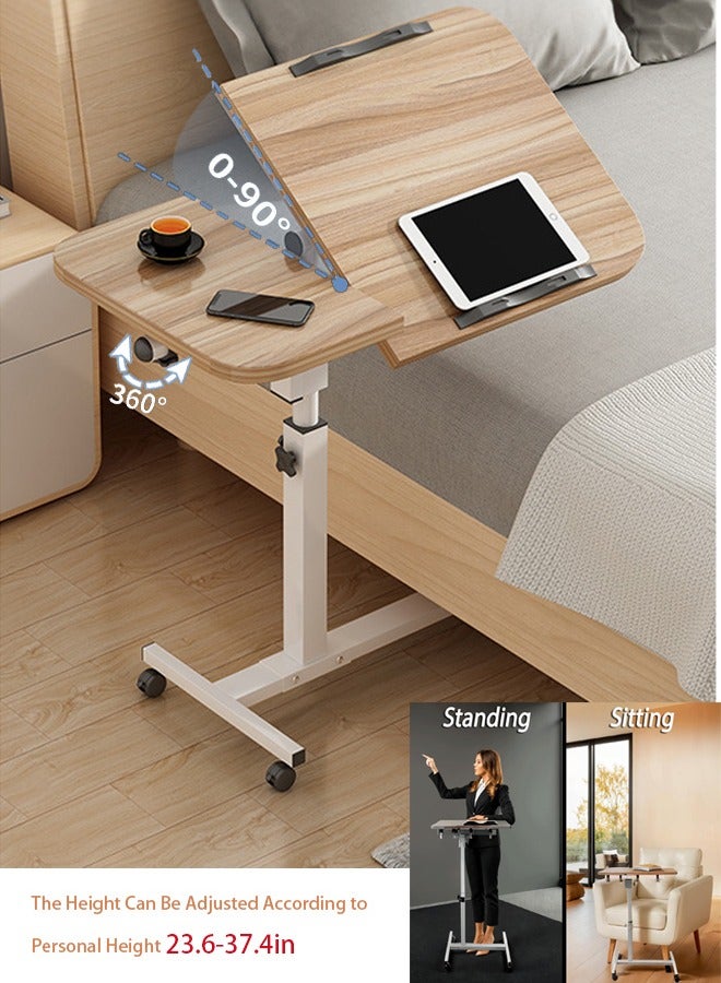 VUCATIN مكتب كمبيوتر، طاولة فوق السرير متدحرجة بعجلات، عربة مكتب كمبيوتر محمول قابلة للتعديل الارتفاع مع طاولة بجانب السرير قابلة للإمالة لأثاث المكاتب المنزلية (بني) - Image 1