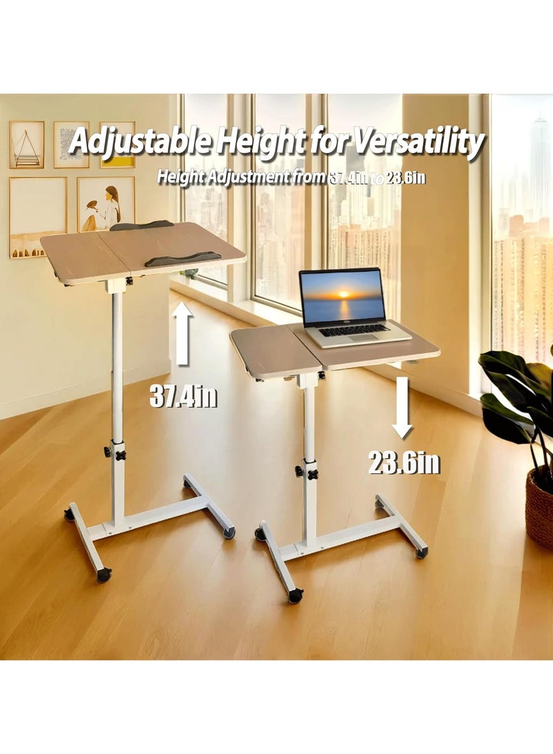 VUCATIN مكتب كمبيوتر، طاولة فوق السرير متدحرجة بعجلات، عربة مكتب كمبيوتر محمول قابلة للتعديل الارتفاع مع طاولة بجانب السرير قابلة للإمالة لأثاث المكاتب المنزلية (بني) - Image 4