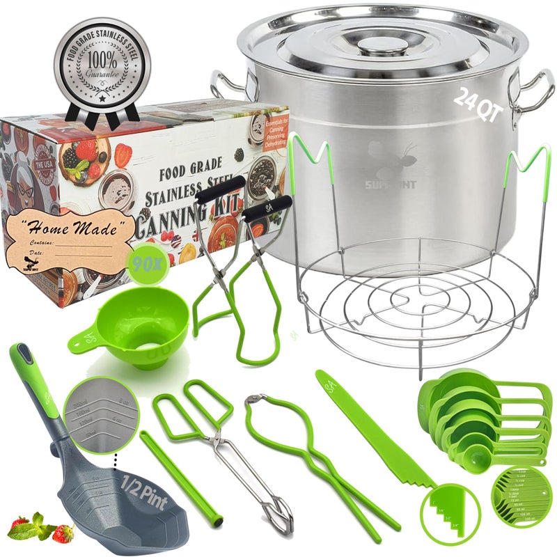 Supa Ant 24 Qt Stainless Steel Water Bath Canning Pot with Canning Supplies Starter Kit  Canning RackFood Grade Canning Ladle Measuring CupsFunnelTongsJar Lifter  WrenchLid Lifter 90x Labels