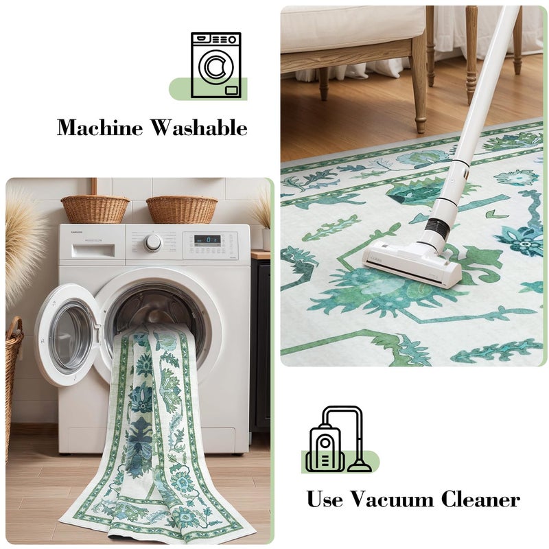 Uphome Green Washable Rugs 8x10, Floral Oushak Rugs for Living Room Bedroom, Non-Slip Soft Turkish Dining Room Rug, Modern Abstract Ultra-Thin Large Carpet for Office Playroom Dorm - Image 3