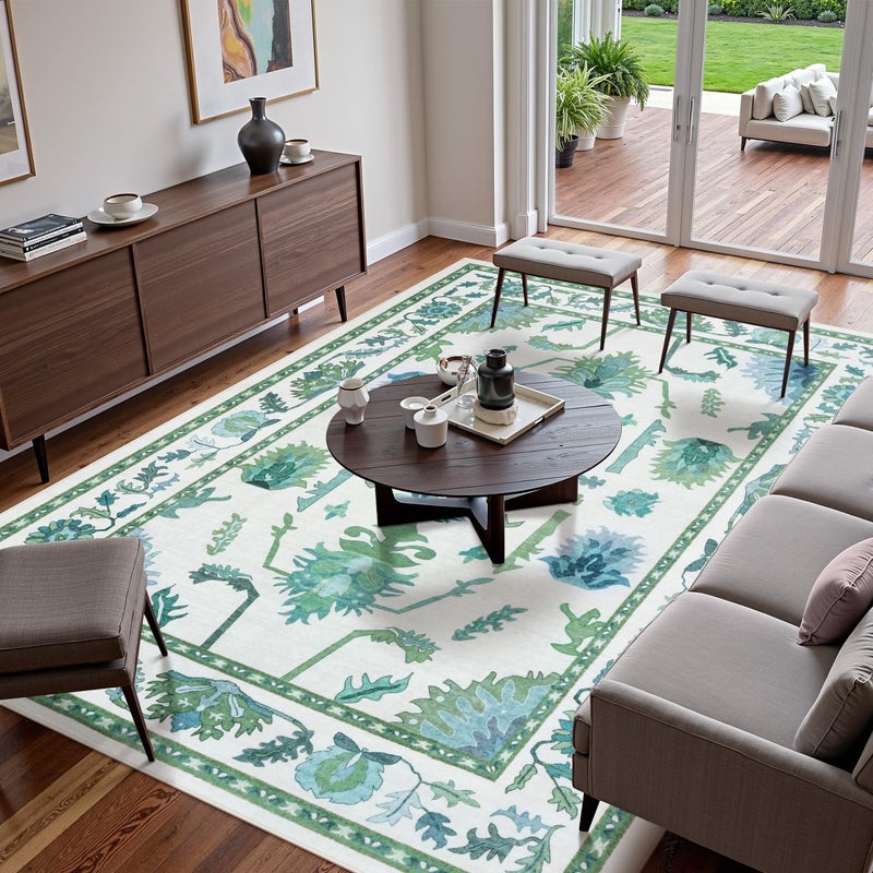 Uphome Green Washable Rugs 8x10, Floral Oushak Rugs for Living Room Bedroom, Non-Slip Soft Turkish Dining Room Rug, Modern Abstract Ultra-Thin Large Carpet for Office Playroom Dorm - Image 5