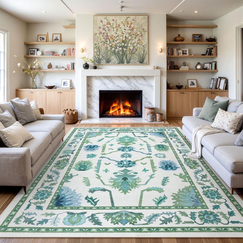 Uphome Green Washable Rugs 8x10, Floral Oushak Rugs for Living Room Bedroom, Non-Slip Soft Turkish Dining Room Rug, Modern Abstract Ultra-Thin Large Carpet for Office Playroom Dorm - Image 1