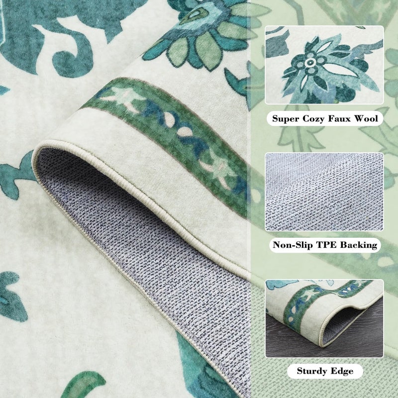 Uphome Green Washable Rugs 8x10, Floral Oushak Rugs for Living Room Bedroom, Non-Slip Soft Turkish Dining Room Rug, Modern Abstract Ultra-Thin Large Carpet for Office Playroom Dorm - Image 2