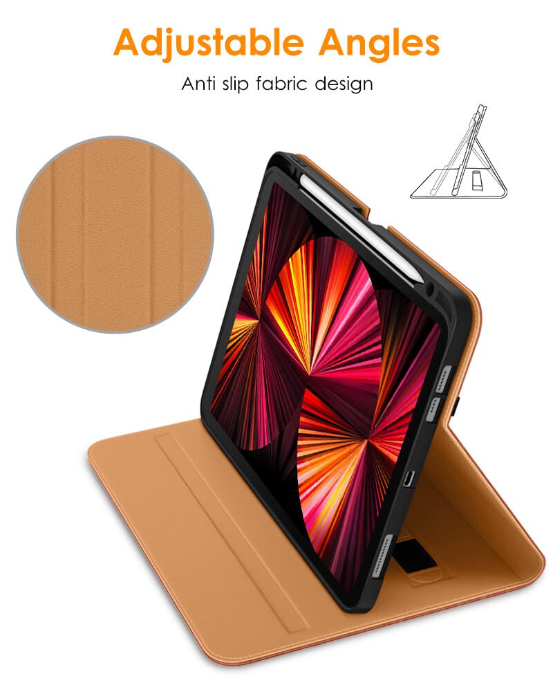 DTTO Case for iPad Pro 11 Inch 4th / 3rd / 2nd / 1st Generation 2022/2021/2020/2018,Premium PU Leather Folio Stand Cover with Hand Strap, Auto Wake/Sleep,Multiple Viewing Angles, Brown - Image 3